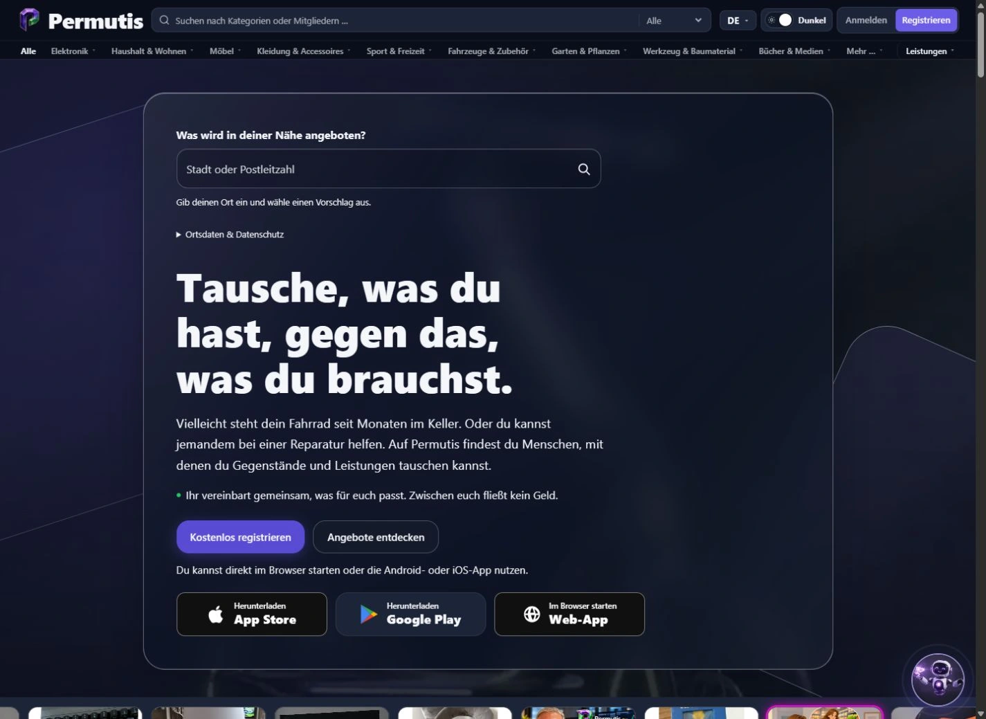 Original-Screenshot der Permutis-Website: Gegenstände und Leistungen tauschen